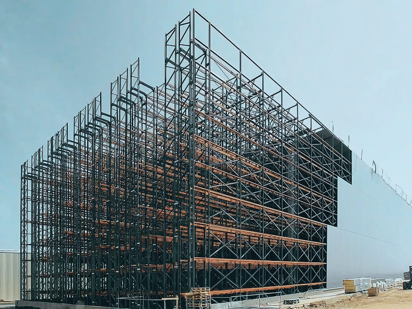 Multi-tier steel racking structure under construction at an NVEW project site